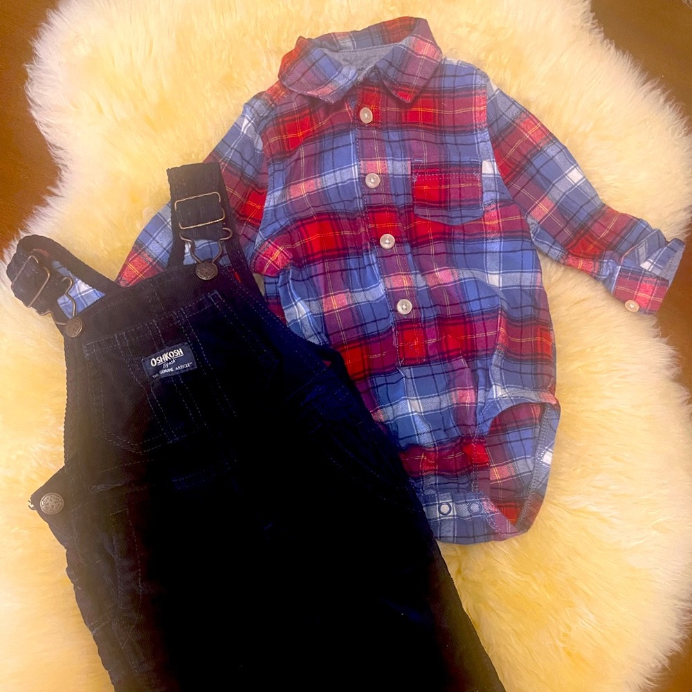 Baby boy flannel lined overall and matching onesie. Onesie is not flannel.